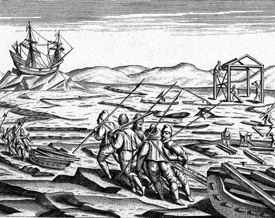 Stavba domu na zimu na severním pólu, cca 1600 (rytina) od Theodor de Bry