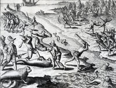 Výprava Thomase Cavendishe z knihy "Americae" od Theodora de Bry, asi 1593 (rytina) od Theodor de Bry