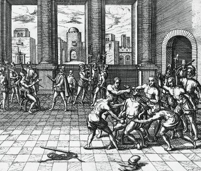 Incký císař Atahualpa je garrotován Pizarrovými jednotkami, 26. července od Theodor de Bry