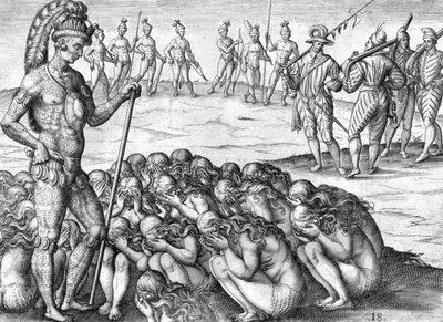Indičtí zajatci saturiwa indiány potano od Theodor de Bry