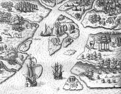 Jean Ribault vztyčuje v Charlesfortu sloup se znaky francouzského krále. od Theodor de Bry