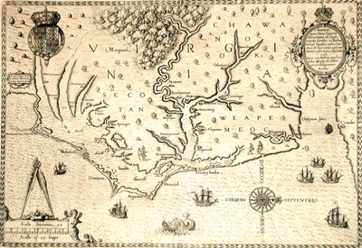 Mapa z roku 1590 vyrytá Theodorem de Bry podle akvarelu od anglického kolonisty Johna Whitea, guvernéra Roanoke. Virginie a pobřeží s malými ostrovy a Roanoke u ústí řeky. Původní země Secotanů a Weapemeoků. od Theodor de Bry