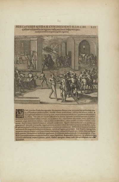 Mercatores Quidam cum Deessent Illis Cibi/Quibus Vescerentur in.... (z knihy Americae, část pátá) od Theodor de Bry