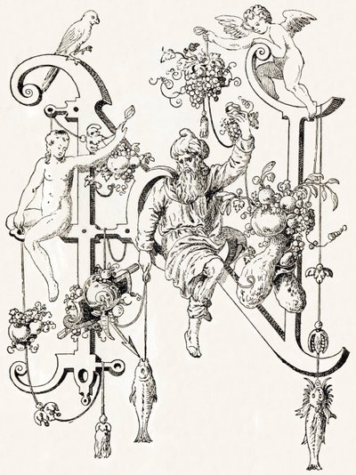 N - El sabio Natham - Alphabet od T. de Bry (nová umělecká abeceda) od Theodor de Bry