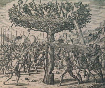 Domorodci schovávající se na stromech bojující proti dobyvatelům od Theodor de Bry