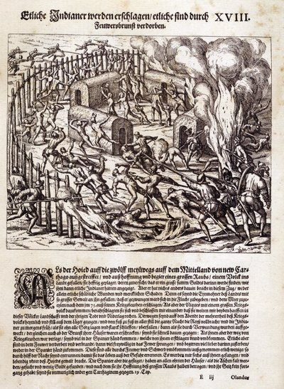 Jižní Amerika: Španělští dobyvatelé vypálí a vyplení domorodou vesnici od Theodor de Bry
