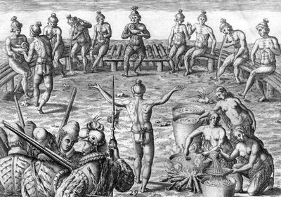 Indiáni Timucua s francouzskými průzkumníky od Theodor de Bry