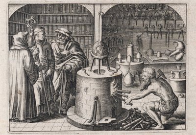 Tři učenci konverzují v alchymistické dílně s pecí a nástroji - Rytina Theodora de Bry (1528-1598), pro alchymistické pojednání ""Tripus avreus, hoc est, Tres tractatus chymici selectissimi"" od Michaela Maiera (1569-1622) od Theodor de Bry