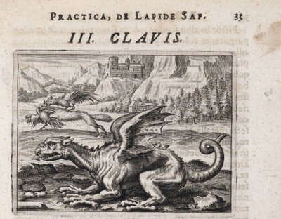 Drak, v pozadí, vlk kradoucí slepice, napadený kohoutem - Rytina Theodora de Bry (1528-1598), pro alchymistické pojednání ""Tripus avreus, hoc est, Tres tractatus chymici selectissimi" "" od Michaela Maiera (1569-1622) od Theodor de Bry