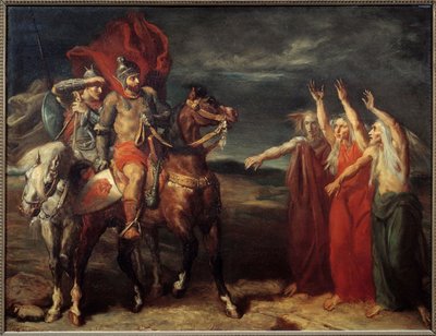Ilustrace Macbeth a tři čarodějnice ke scéně 3 dějství 1 hry Williama Shakespeara „“ MacBeth“. Obraz Theodore Chasseriau (1819-1856) 1855 Ne. 0,72x0,9 m Paříž, musee d