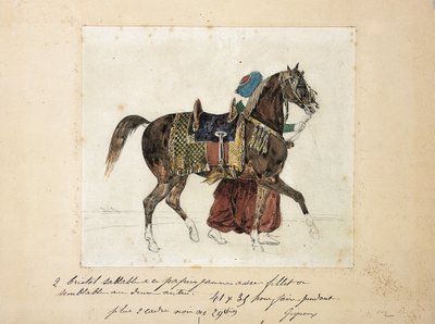 Zapřažený kůň vedený mamelukem, dvě pyramidy v pozadí (tužka a akvarel na papíře) od Theodore Gericault