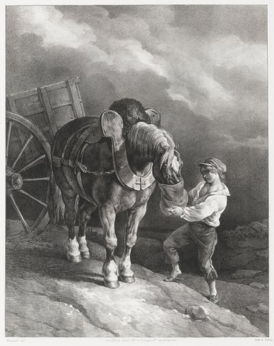 Chlapec krmící ovesem odspřaženého koně (A Boy Giving Oats to a Hitched Horse) od Theodore Gericault