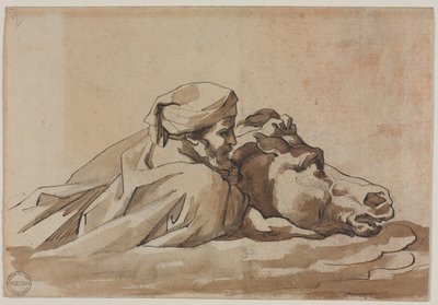 Muž svírající koně ve vodě, podle Poussinovy "Potopy" (recto), asi 1816 (pero a hnědá tuš, štětec a hnědá lazura nad grafitem) od Theodore Gericault