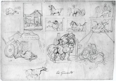Studie koní (líc); Vůz, za nímž kráčí nosič cedule (rub) od Theodore Gericault