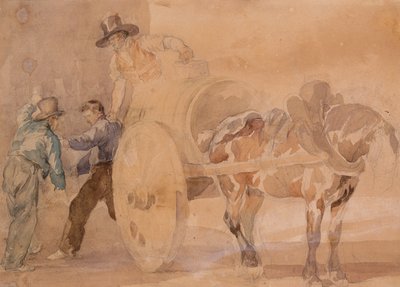 Tři muži vykládají vozík (akvarel přes stopy tužky na papíře) od Theodore Gericault