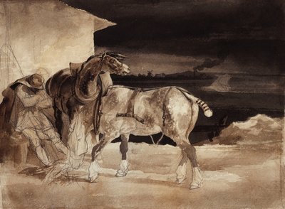 Dva koně a spící ženich, c.1822-1823 od Theodore Gericault
