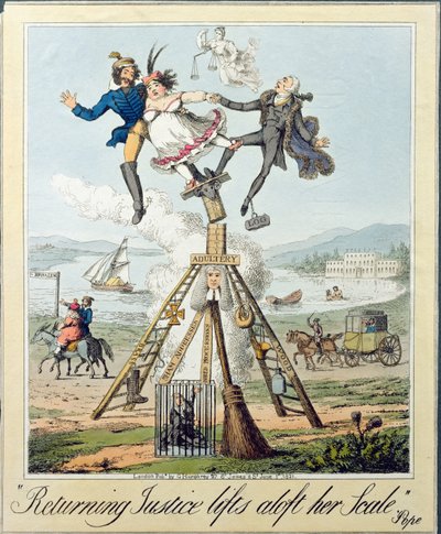 Returning Justice Lifts Aloft Her Scale, vydal G. Humphrey, Londýn, 1821 (rytina na papíře) od Theodore Lane