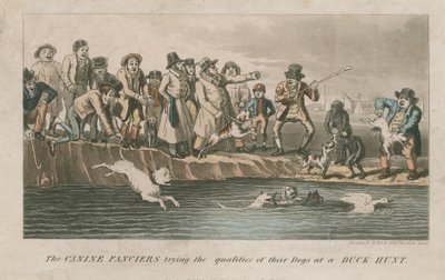 Psovodi zkoušejí vlastnosti svých psů při lovu kachen (kolorovaná rytina) od Theodore Lane