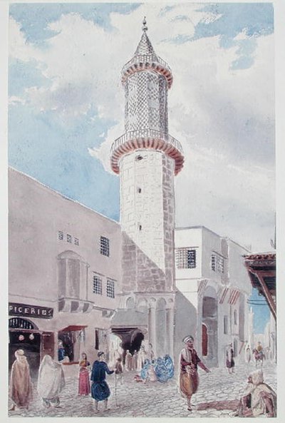 Minaret mešity na Rue de Chartres a Rue Bab-Azoun, Alžír (akvarel na papíře) od Theodore Leblanc