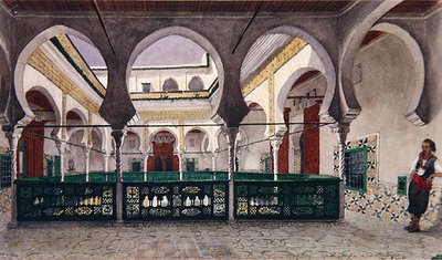 Pohled na vnitřní nádvoří domu v Alžíru, kolem roku 1830 (akvarel na papíře) od Theodore Leblanc
