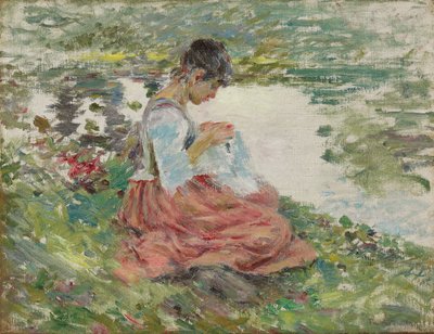 Girl Sewing by River, kolem roku 1891 od Theodore Robinson