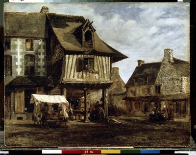 Tržiště v Normandii (hrázděné domy) (Tržiště v Normandii). Obraz Theodora Rousseaua (1812-1867). Olej na dřevě, 29,5 x 38 cm, kolem roku 1830. Francouzské umění z Barbizonu. Muzeum Ermitáž, Petrohrad. od Theodore Rousseau