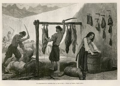 Příprava kastradiny, speciality z ovčího a kozího masa nasoleného a bukanského, koncem října v Dalmácii (Istrie a Hercegovina (Chorvatsko)), kresba Valerio, pro ilustraci cesty do Černé Hory v roce 1874 od Charlese Yriarte od Theodore Valerio