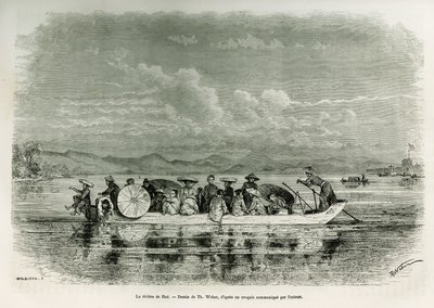 Loď na řece Hue (Vietnam), kresba Th. Webera, pro ilustraci příběhu osmidenního velvyslanectví v Hue (Království Annam), v roce 1875, panem Brossardem de Corbigny, poručíkem (N), připojeným k misi. Rytina v Le tour du monde od Theodore Weber