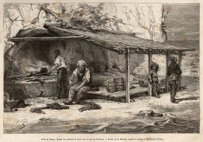 Chata pro lov tuňáků v zátoce Proelucca v zálivu Fiume (nebo Rijeka na Istrii), tři z rybářů ještě spí, zabaleni do přikrývek, další vybaví a nahradí rozhlednu, další připraví kuchyni a mech se toulá u noha o od Theodore Weber
