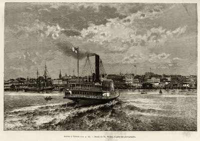 Přílet do kanadské Victorie. Rytina od Th. Webera pro ilustraci příběhu „“Zakanadský svět a Aljaška““ od E. Cotteaua, v roce 1890, v Le tour du monde, nouveau journal des voyages, editoval Edouard Charton (1807-1890), 2. semestr 1891 , edice Hachet od Theodore Weber