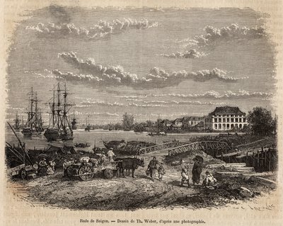 La rade de Saigon, rytina podle kresby T. Webera, ilustrující plavbu do Cochinchiny, od doktora Morice, v roce 1872, publikovaná v „“Le tour du monde“““ 1875, editoval Edouard Charton, vydání Hachette, Paříž. Kolekce Selva. od Theodore Weber