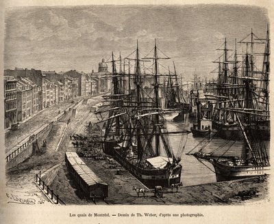 Les quais de Montreal, rytina podle kresby Th. Weber, ilustrující exkurzi do Kanady a Riviere Rouge du Nord, od H. De Lamotte, v roce 1873, publikovaná v „“Le tour du monde“““ 1875, editoval Edouard Charton, Hachette edition, Paris. Selv od Theodore Weber