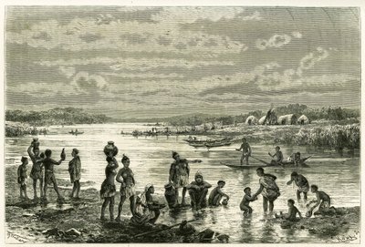 Život na břehu řeky Zambeze, marutům velmi záleží na jejich čistotě a mytí je pro ně činnost první nutnosti. Rytina Th. Webera, pro ilustraci příběhu „Au pays des Marutses“ v letech 1875-1879 od Dr. Emile Holu od Theodore Weber