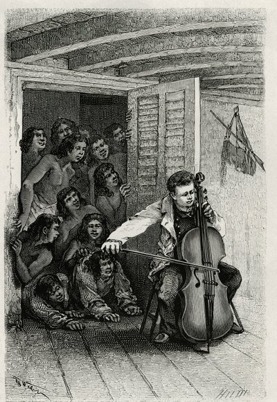 Portrét cestovatelského autora, který hraje na violoncello a přitahuje zvědavé publikum. Rytina Th.Webera pro ilustraci příběhu „Les Iles Wallis“ od Dr. Emile Deschampse, hlavního lékaře u 80. pěchoty. Zveřejněno v Le Tour du monde, nou od Theodore Weber