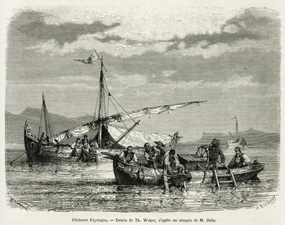Sponge Fishermen in the Gulf of Nafplio, kresba The. Webera, pro ilustraci příběhu o cestě do Řecka v letech 1861, 1868 a 1874 od Henriho Belleho. Rytina v Le tour du monde od Theodore Weber