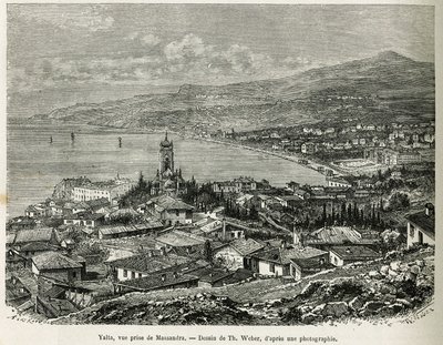 Město Jalta, převzato z Massandry, kresba Th.Webera, pro ilustraci příběhu Čtyři měsíce v Rusku z roku 1876 od F. De Melyho. Rytina v Le tour du monde od Theodore Weber