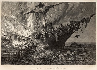 Požár lodi Cospatrick, britské lodi přepravující více než 400 emigrantů na Nový Zéland, dne 19. listopadu 1874, vyrytý podle kresby T. Webera, ilustrující studium bouří a plaveb, od pana Zurchera a pana Margolleho v roce 1870-1874, vyd od Theodore Weber
