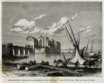 Námořní hrad Sidon před bombardováním v roce 1840. Rytina Th. Webera, pro ilustraci příběhu La Syria d