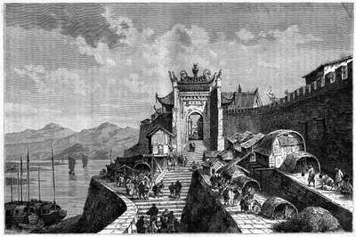 Pohled na Šanghajskou bránu na řece Huangpu, Čína v letech 1870-1880. Rytina podle kresby od Webera v „Le Tour du Monde, Nouveau journal des Voyages“, editoval Edouard Charton, Paříž od Theodore Weber