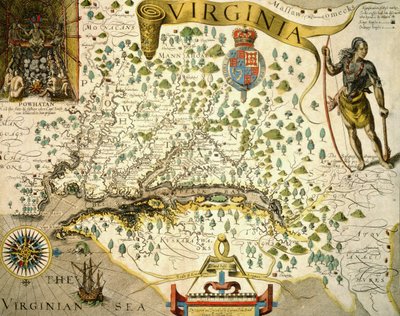 Sloane MS 1622 Mapa Virginie, vlevo nahoře obrázek náčelníka Powhatana od Johna Smithe (1580-1631) 1624 (ručně kolorovaná rytina) od Theodore de (after) Bry