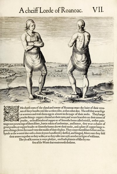 „A Chief Lord of Roanoac“, z „Stručná a pravdivá zpráva o nově nalezené zemi Virginie“ od Thomase Harriota (rytina) od Theodore de Bry