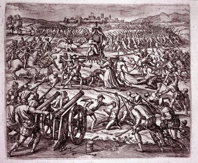 Dominikánský mnich, který se cítí zesměšňován inckým králem Atahualpou (Atabaliba), povzbuzuje Francisca Pizarra, aby se pomstil (Rytina od Theodore de Bry