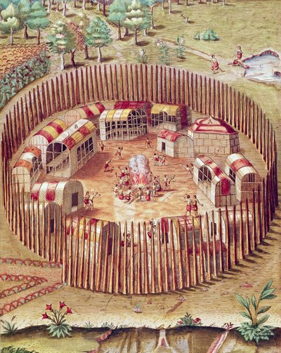 Indická opevněná vesnice Pomeiok, ilustrace od Admirandy Narratio, Theodore De Bry od Theodore de Bry