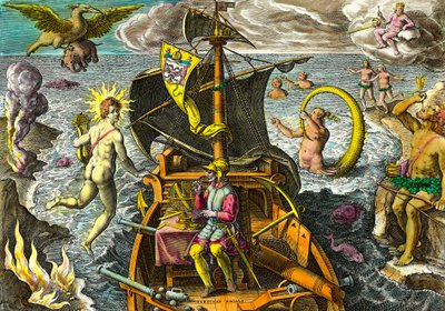Alegorie o plavbách mořeplavce Fernanda de Magellan (1480-1521), zobrazuje na jeho lodi pomocí armilární koule a obklopuje mytologické postavy a fantastická zvířata. Rytina z „Admirante Narratio Americae““ od Theodora de Bry (1528-159 od Theodore de Bry