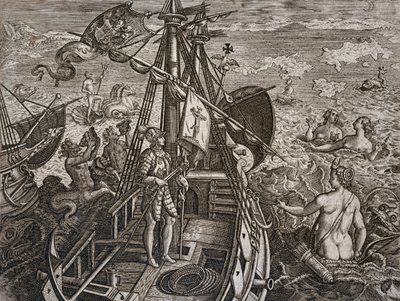 Alegorie cesty Kryštofa Kolumba k objevu Nového světa, rytina Theodora de Bry (1528-1598) od Theodore de Bry