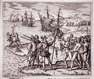 Příjezd Kryštofa Kolumba na ostrov Hispaniola v Západní Indii (rytina od Theodore de Bry