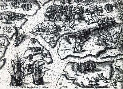 Příjezd Francouzů do Port Royal v roce 1564, Theodor de Bry (1528-1598) z malby Jacquese le Moyne de Morgues (asi 1533-před 1588), rytina od Theodore de Bry