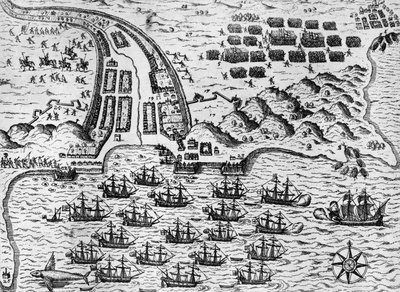 Útok na Santiago 27. listopadu 1585 (rytina) od Theodore de Bry