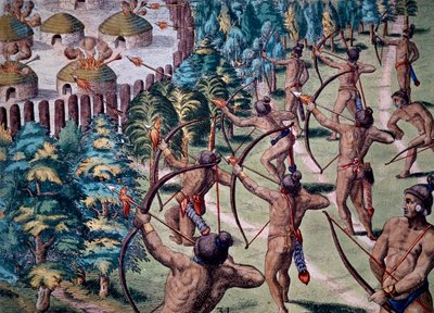 Útok na vesnici s planoucími šípy, rytina z Narration In Florida od Theodore de Bry