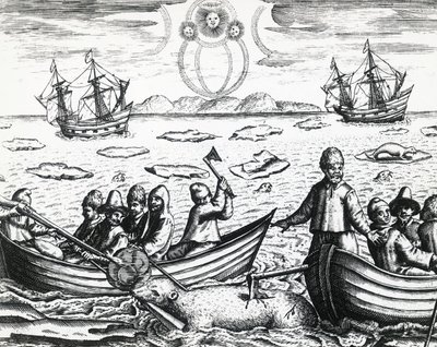 Lov polární záře a bílého medvěda během třetí výpravy vedené Williamem Barentsem (asi 1550-1597) při hledání severovýchodní cesty v roce 1596, od Theodora de Bry (1528-1598), rytina od Theodore de Bry